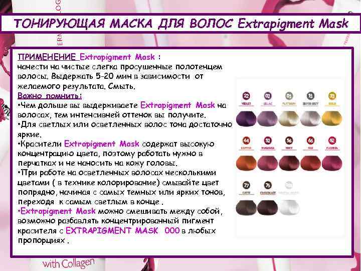 ТОНИРУЮЩАЯ МАСКА ДЛЯ ВОЛОС Extrapigment Mask ПРИМЕНЕНИЕ Extrapigment Mask : нанести на чистые слегка