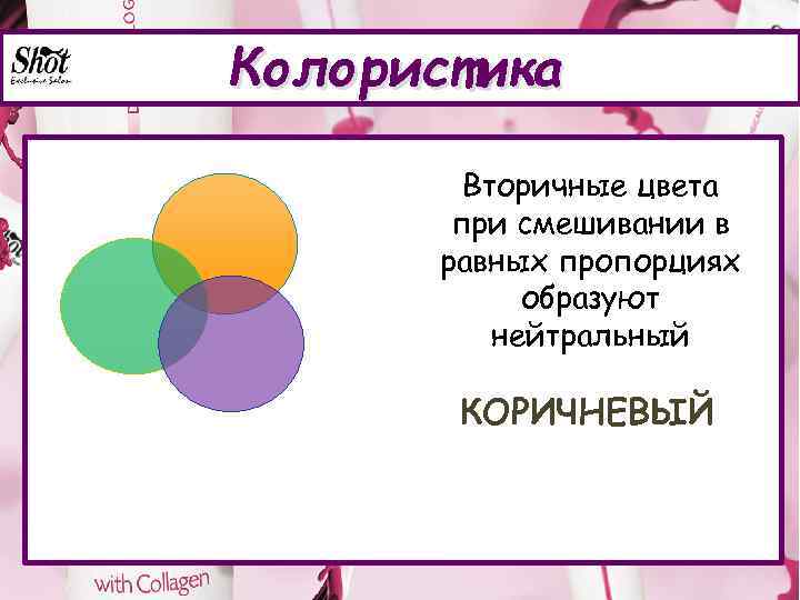 Колористика Вторичные цвета при смешивании в равных пропорциях образуют нейтральный КОРИЧНЕВЫЙ 