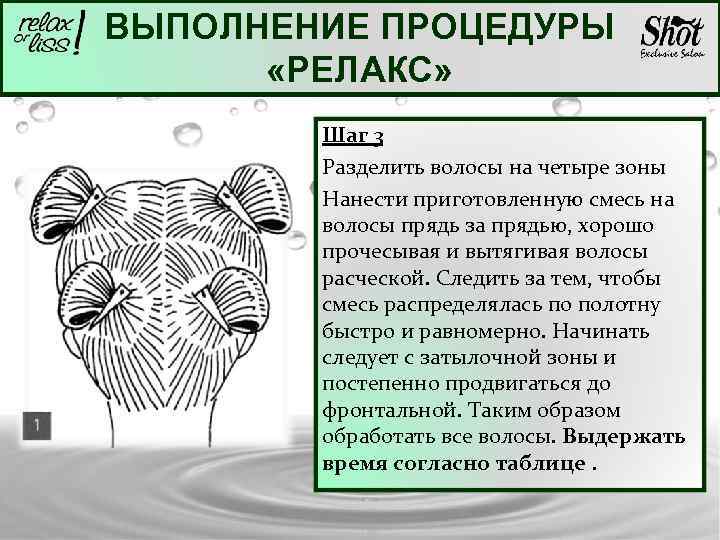 ВЫПОЛНЕНИЕ ПРОЦЕДУРЫ «РЕЛАКС» Шаг 3 Разделить волосы на четыре зоны Нанести приготовленную смесь на