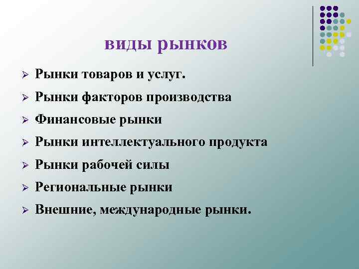 виды рынков Ø Рынки товаров и услуг. Ø Рынки факторов производства Ø Финансовые рынки