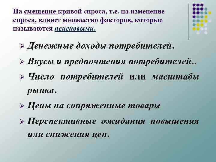 На смещение кривой спроса, т. е. на изменение спроса, влияет множество факторов, которые называются