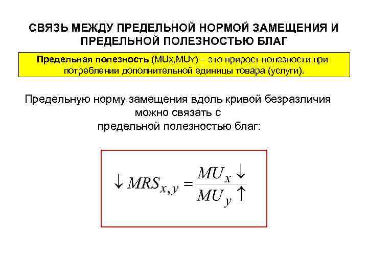 СВЯЗЬ МЕЖДУ ПРЕДЕЛЬНОЙ НОРМОЙ ЗАМЕЩЕНИЯ И ПРЕДЕЛЬНОЙ ПОЛЕЗНОСТЬЮ БЛАГ Предельная полезность (MUX, MUY) –