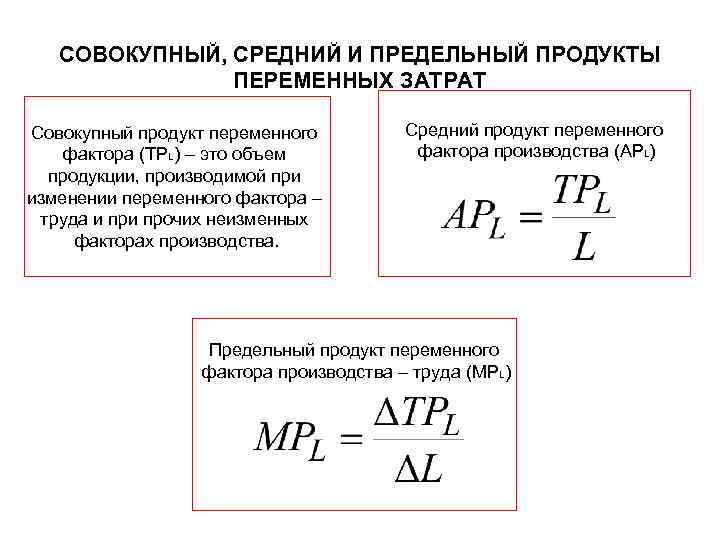 СОВОКУПНЫЙ, СРЕДНИЙ И ПРЕДЕЛЬНЫЙ ПРОДУКТЫ ПЕРЕМЕННЫХ ЗАТРАТ Совокупный продукт переменного фактора (TPL) – это