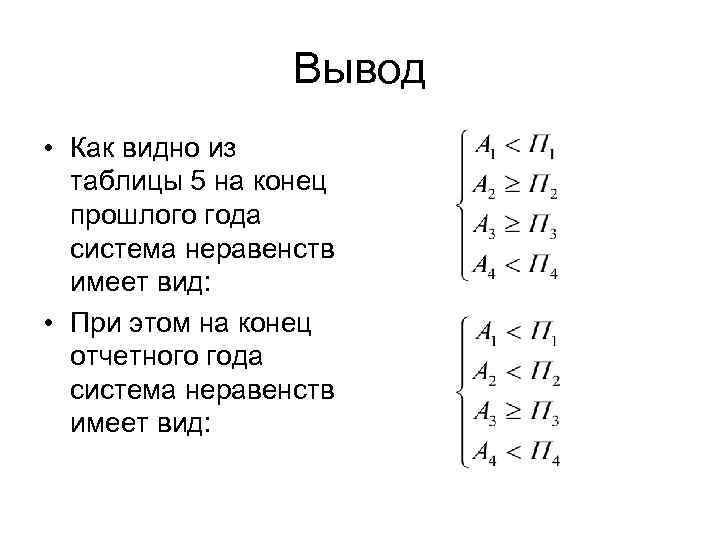 Вывод • Как видно из таблицы 5 на конец прошлого года система неравенств имеет