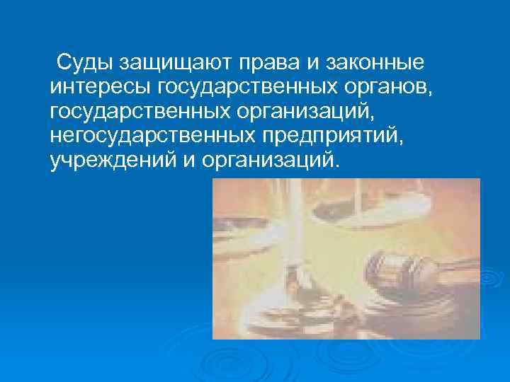 Суды защищают права и законные интересы государственных органов, государственных организаций, негосударственных предприятий, учреждений и