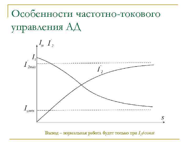 Особенности частотно-токового управления АД Вывод – нормальная работа будет только при I 1≠const 