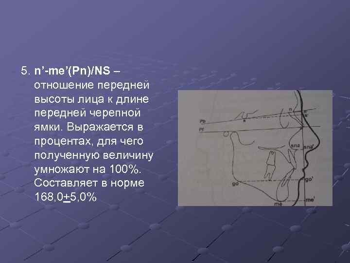 5. n’-me’(Pn)/NS – отношение передней высоты лица к длине передней черепной ямки. Выражается в