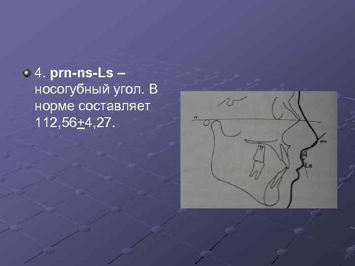 4. prn-ns-Ls – носогубный угол. В норме составляет 112, 56+4, 27. 
