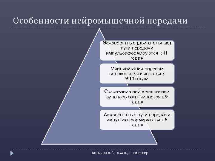 Особенности нейромышечной передачи Эфферентные (двигательные) пути передачи импульсаформируются к 11 годам Миелинизация нервных волокон