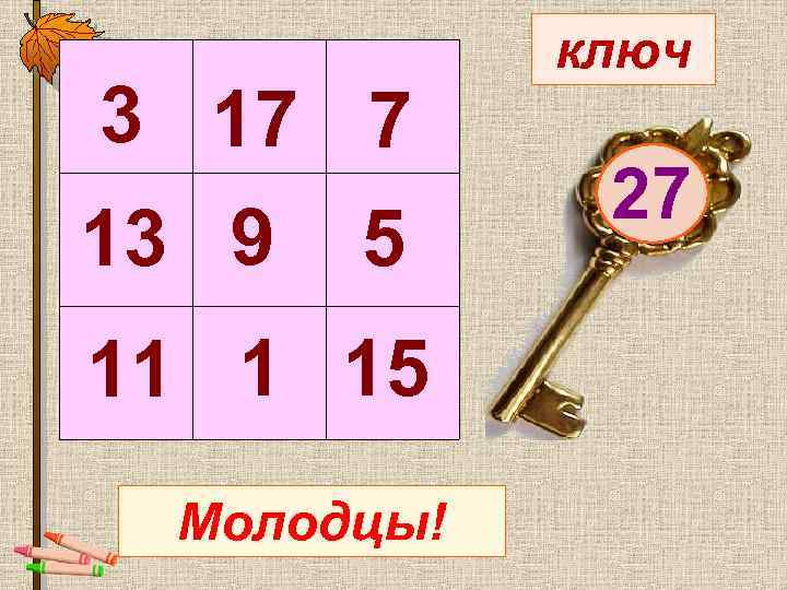  3 17 7 13 9 5 11 1 15 Молодцы! ключ 27 