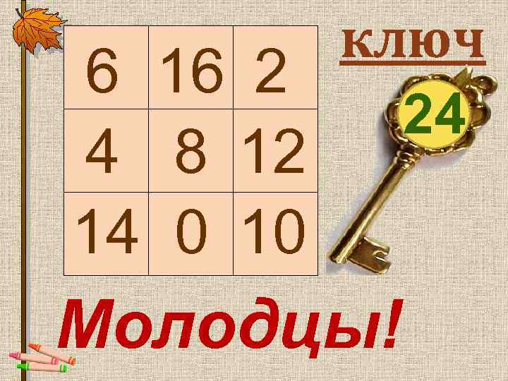  ключ 6 16 2 24 4 8 12 14 0 10 Молодцы! 