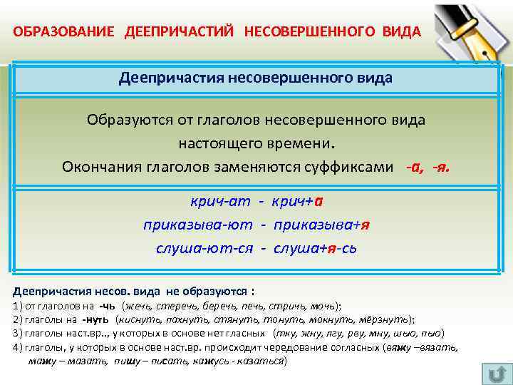 ОБРАЗОВАНИЕ ДЕЕПРИЧАСТИЙ НЕСОВЕРШЕННОГО ВИДА Деепричастия несовершенного вида Образуются от глаголов несовершенного вида настоящего времени.