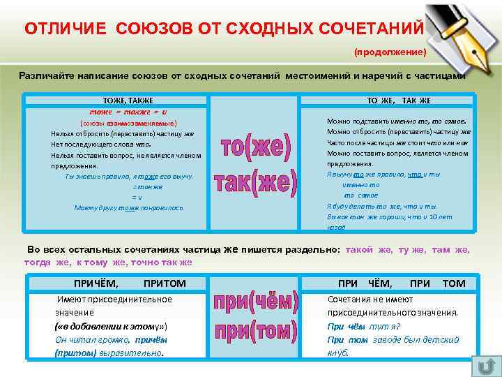  ОТЛИЧИЕ СОЮЗОВ ОТ СХОДНЫХ СОЧЕТАНИЙ (продолжение) Различайте написание союзов от сходных сочетаний местоимений