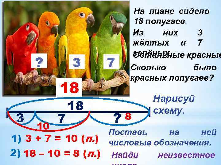 ? 3 18 3 7 18 7 На лиане сидело 18 попугаев. Из них