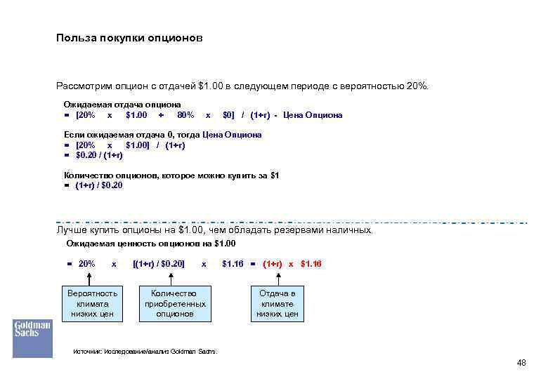 Польза покупки опционов Рассмотрим опцион с отдачей $1. 00 в следующем периоде с вероятностью