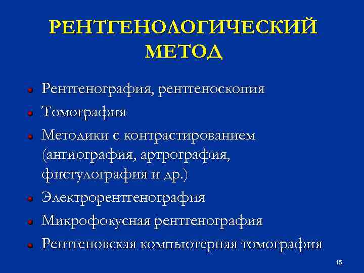 РЕНТГЕНОЛОГИЧЕСКИЙ МЕТОД Рентгенография, рентгеноскопия Томография Методики с контрастированием (ангиография, артрография, фистулография и др. )