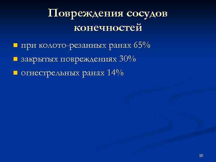 Повреждения сосудов конечностей при колото-резанных ранах 65% n закрытых повреждениях 30% n огнестрельных ранах