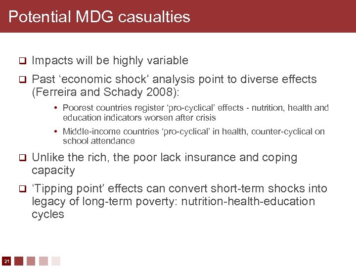 Potential MDG casualties q Impacts will be highly variable q Past ‘economic shock’ analysis
