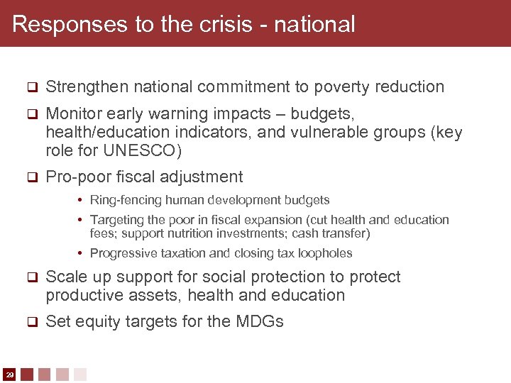Responses to the crisis - national q Strengthen national commitment to poverty reduction q