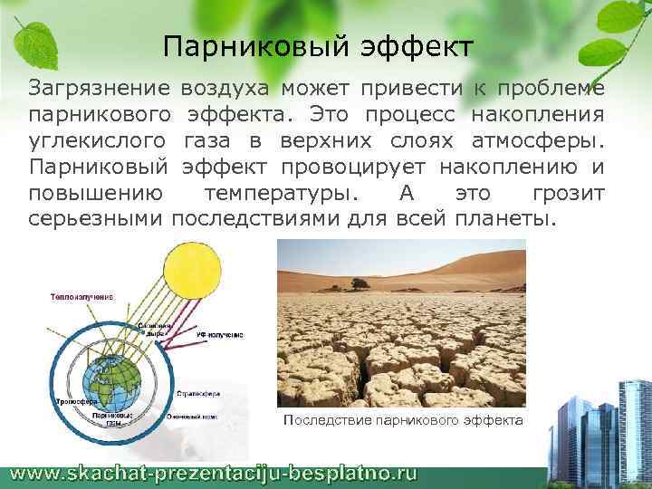 Парниковый эффект Загрязнение воздуха может привести к проблеме парникового эффекта. Это процесс накопления углекислого