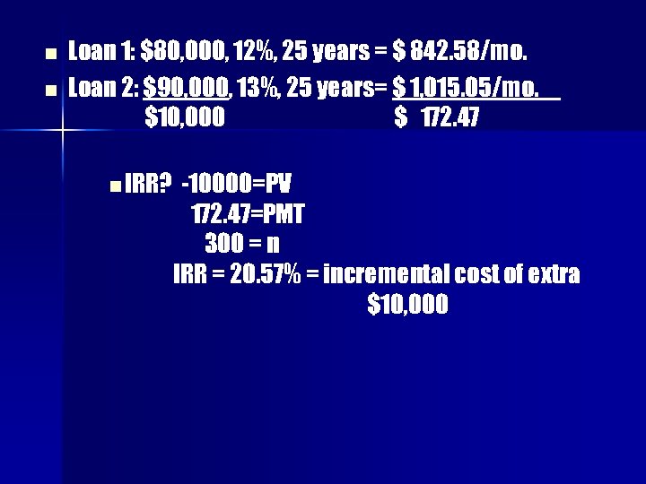 n n Loan 1: $80, 000, 12%, 25 years = $ 842. 58/mo. Loan