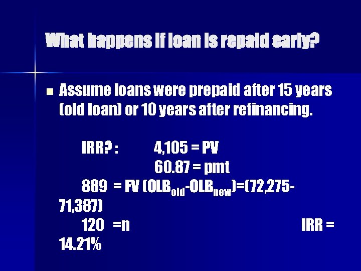 What happens if loan is repaid early? n Assume loans were prepaid after 15