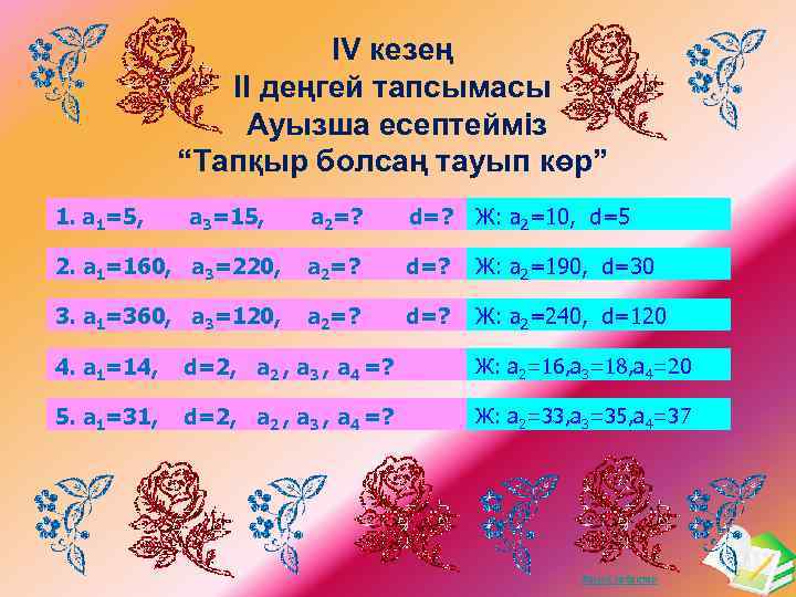 ІV кезең ІІ деңгей тапсымасы Ауызша есептейміз “Тапқыр болсаң тауып көр” 1. а 1=5,