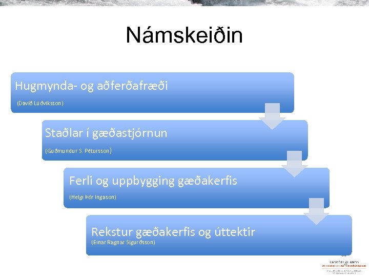 Námskeiðin Hugmynda- og aðferðafræði (Davíð Lúðvíksson) Staðlar í gæðastjórnun (Guðmundur S. Pétursson) Ferli og