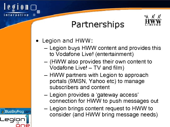 Partnerships • Legion and HWW: – Legion buys HWW content and provides this to