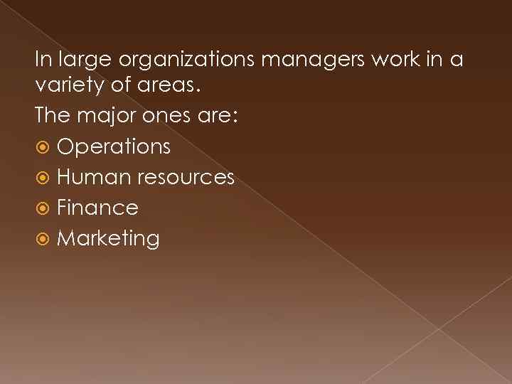 In large organizations managers work in a variety of areas. The major ones are: