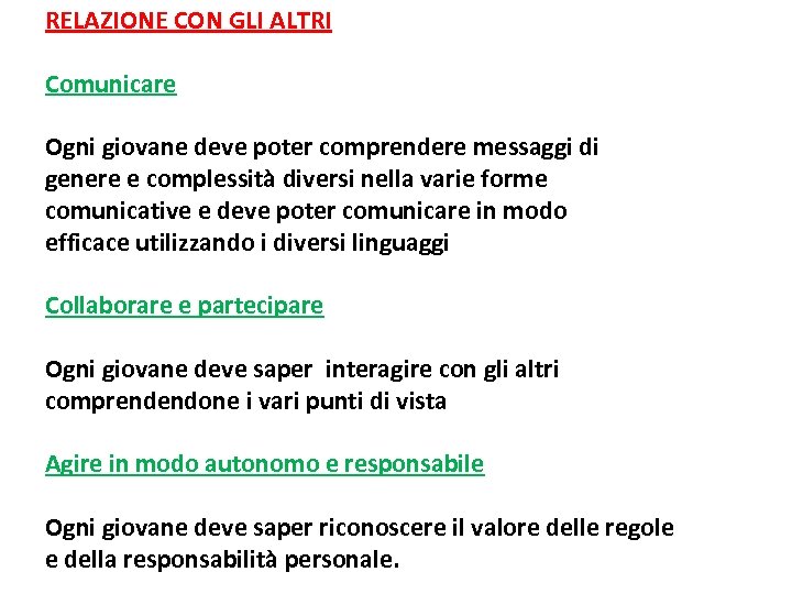 RELAZIONE CON GLI ALTRI Comunicare Ogni giovane deve poter comprendere messaggi di genere e