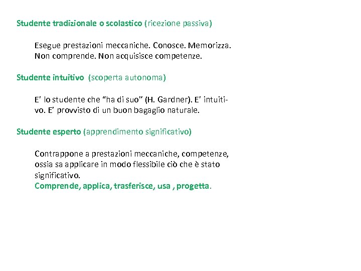 Studente tradizionale o scolastico (ricezione passiva) Esegue prestazioni meccaniche. Conosce. Memorizza. Non comprende. Non
