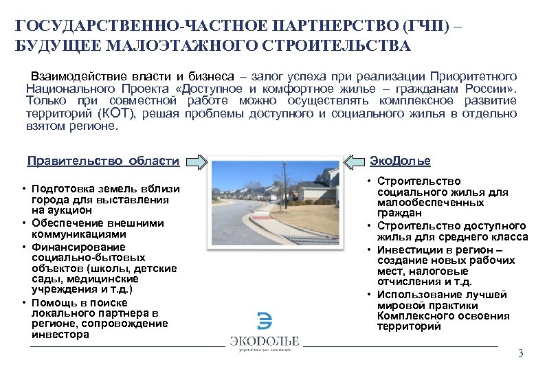 ГОСУДАРСТВЕННО-ЧАСТНОЕ ПАРТНЕРСТВО (ГЧП) – БУДУЩЕЕ МАЛОЭТАЖНОГО СТРОИТЕЛЬСТВА Взаимодействие власти и бизнеса – залог успеха