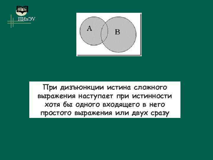ПИв. ЭУ При дизъюнкции истина сложного выражения наступает при истинности хотя бы одного входящего