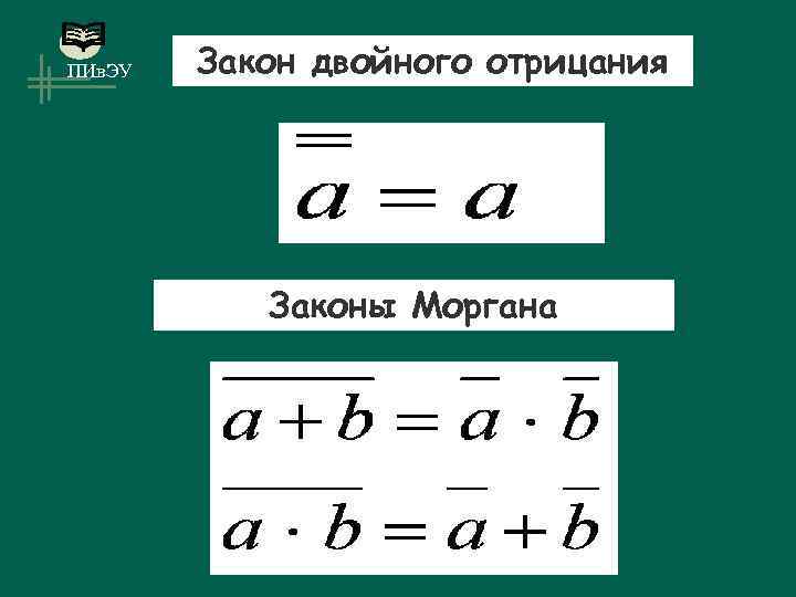 ПИв. ЭУ Закон двойного отрицания Законы Моргана 