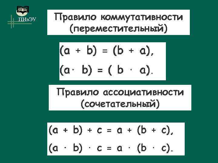 ПИв. ЭУ Правило коммутативности (переместительный) Правило ассоциативности (сочетательный) 