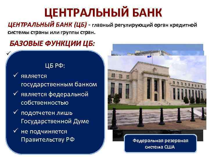 ЦЕНТРАЛЬНЫЙ БАНК (ЦБ) - главный регулирующий орган кредитной ЦЕНТРАЛЬНЫЙ БАНК (ЦБ) системы страны или