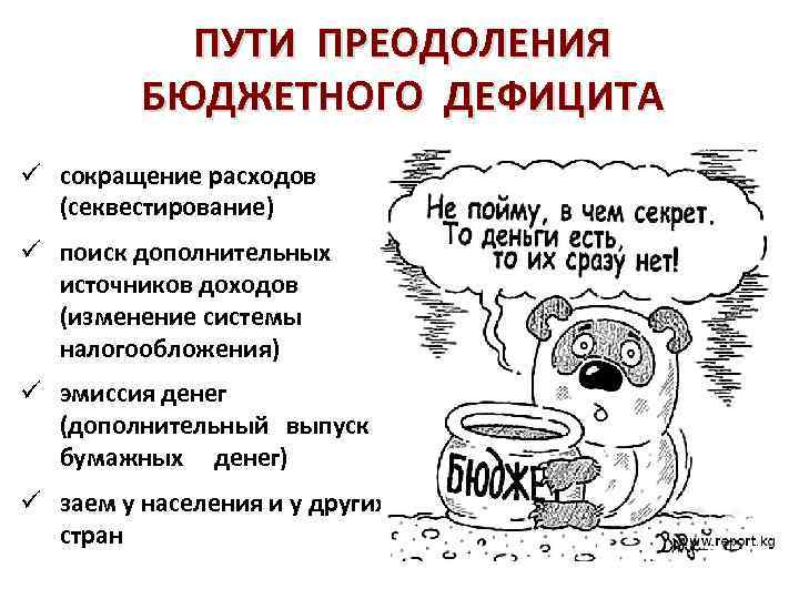 ПУТИ ПРЕОДОЛЕНИЯ БЮДЖЕТНОГО ДЕФИЦИТА ü сокращение расходов (секвестирование) ü поиск дополнительных источников доходов (изменение