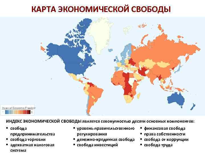 КАРТА ЭКОНОМИЧЕСКОЙ СВОБОДЫ ИНДЕКС ЭКОНОМИЧЕСКОЙ СВОБОДЫ является совокупностью десяти основных компонентов: § свобода предпринимательства