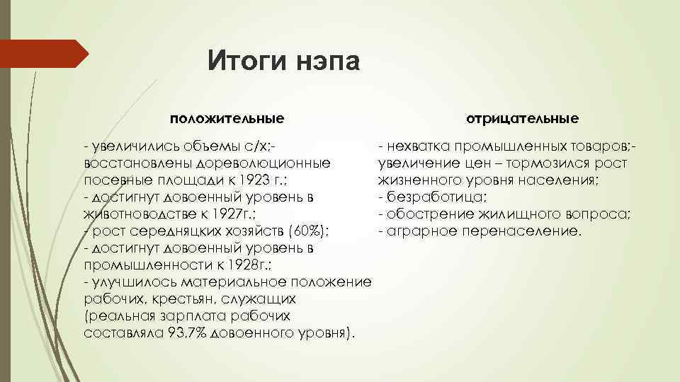 Итоги нэпа положительные - увеличились объемы с/х; восстановлены дореволюционные посевные площади к 1923 г.