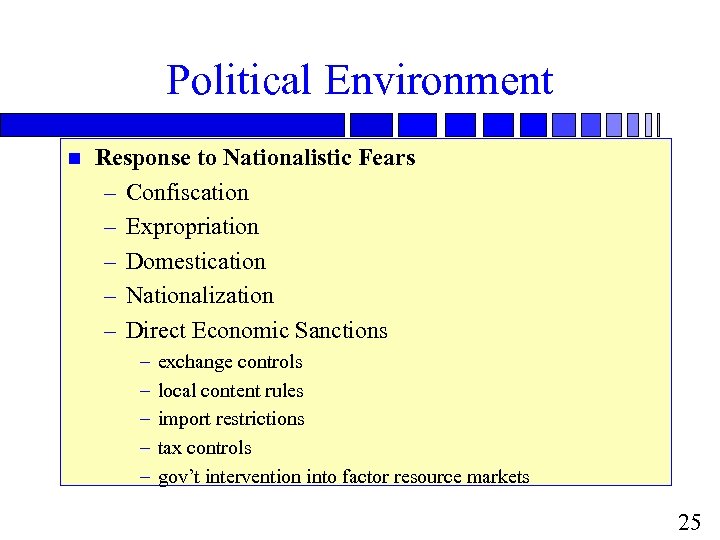 Political Environment n Response to Nationalistic Fears – Confiscation – Expropriation – Domestication –