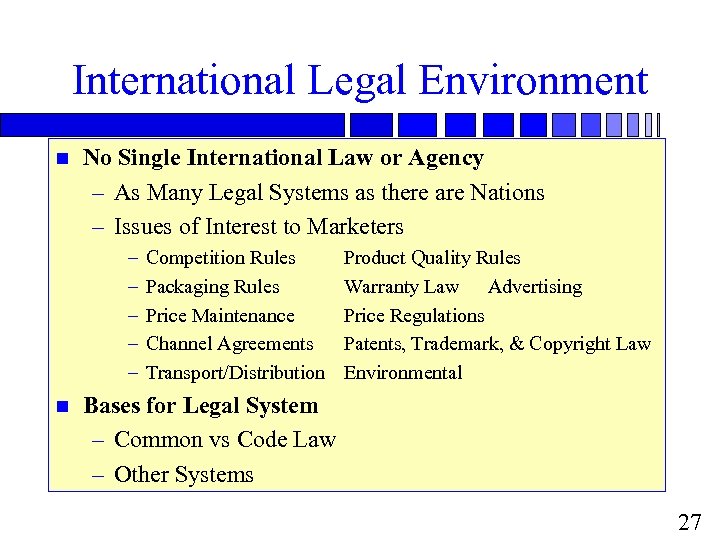 International Legal Environment n No Single International Law or Agency – As Many Legal