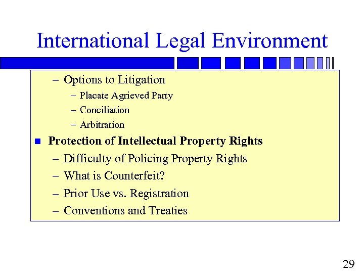 International Legal Environment – Options to Litigation – Placate Agrieved Party – Conciliation –