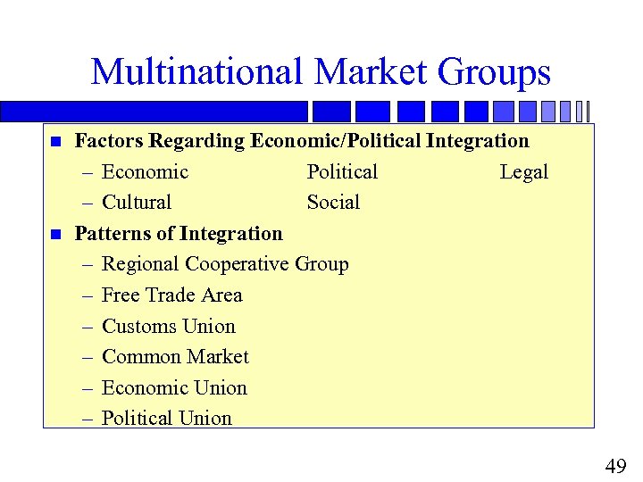 Multinational Market Groups n n Factors Regarding Economic/Political Integration – Economic Political Legal –