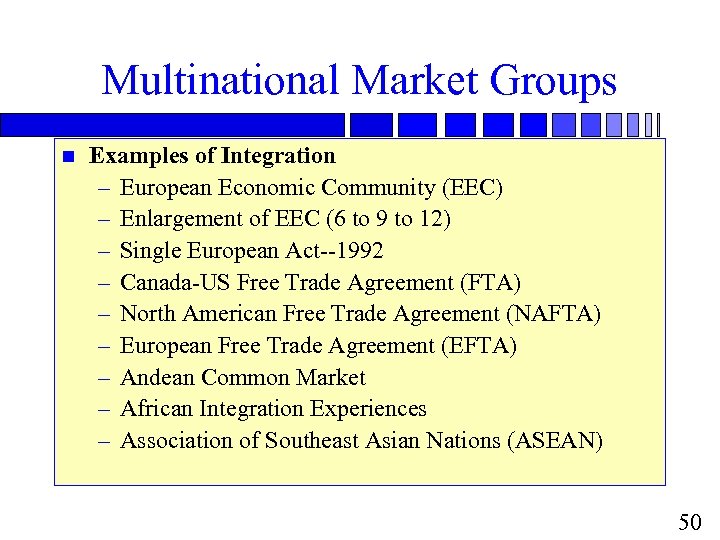 Multinational Market Groups n Examples of Integration – European Economic Community (EEC) – Enlargement