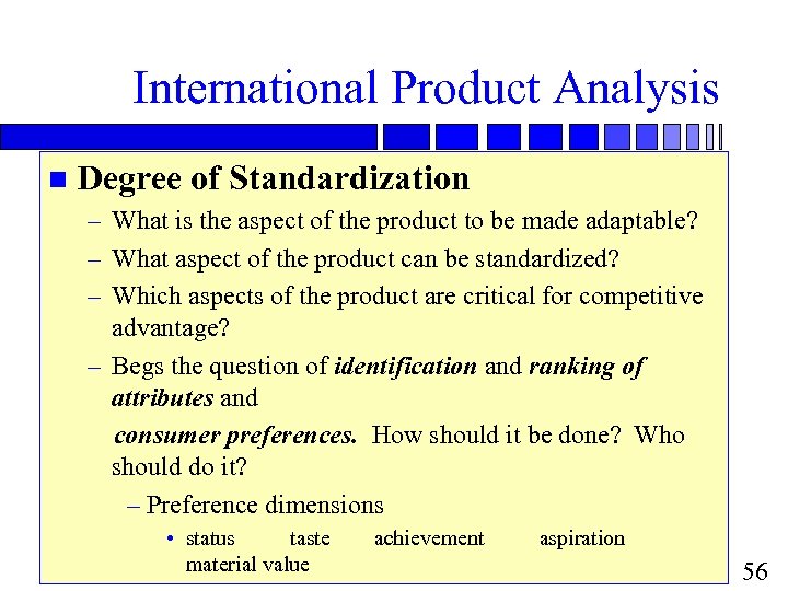International Product Analysis n Degree of Standardization – What is the aspect of the