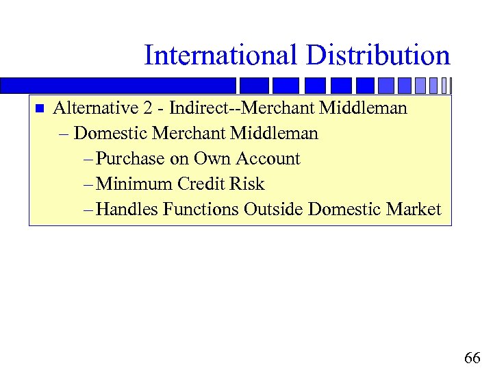 International Distribution n Alternative 2 - Indirect--Merchant Middleman – Domestic Merchant Middleman – Purchase