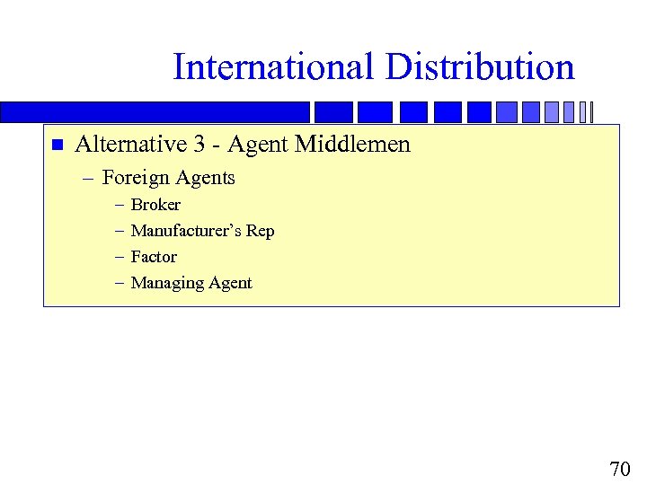 International Distribution n Alternative 3 - Agent Middlemen – Foreign Agents – – Broker