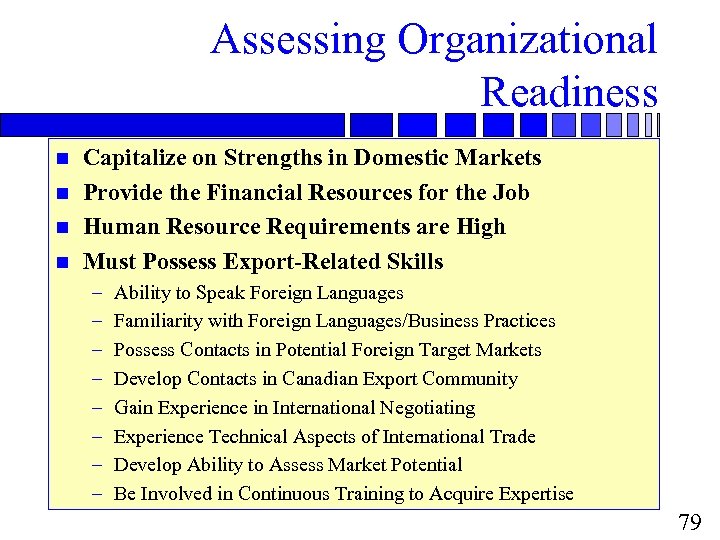 Assessing Organizational Readiness n n Capitalize on Strengths in Domestic Markets Provide the Financial