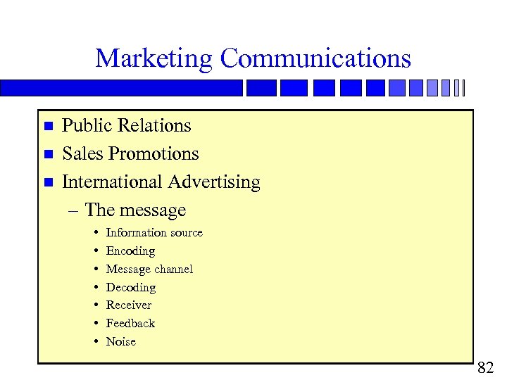 Marketing Communications n n n Public Relations Sales Promotions International Advertising – The message